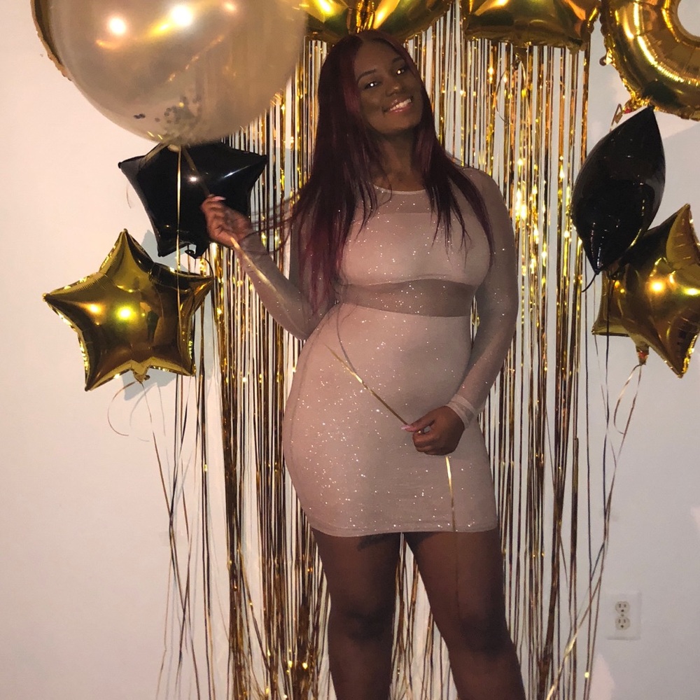 Glittery mesh body con dress